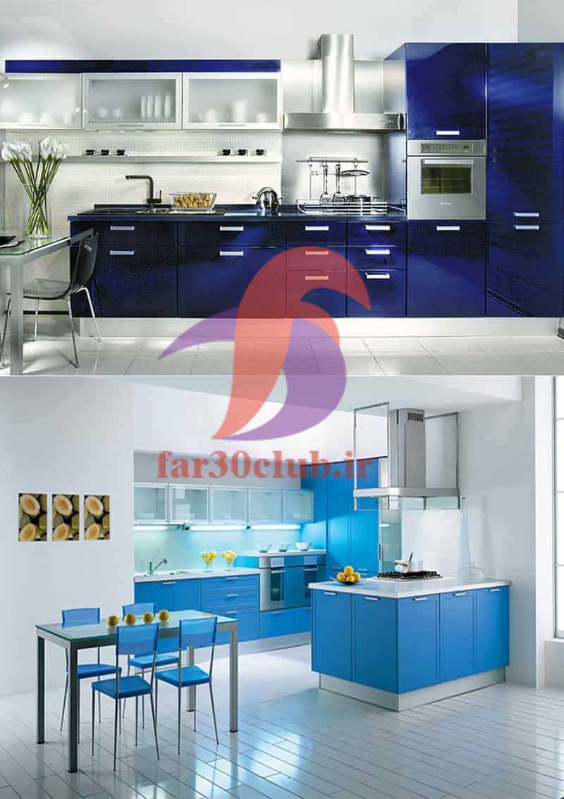 طراحی کابینت آبی کم رنگ و کاربنی